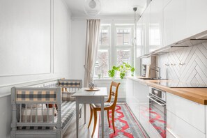 Apartment | Private kitchen | Full-size fridge, oven, stovetop, cookware/dishes/utensils - Studio with Excellent Location (Helsinki)