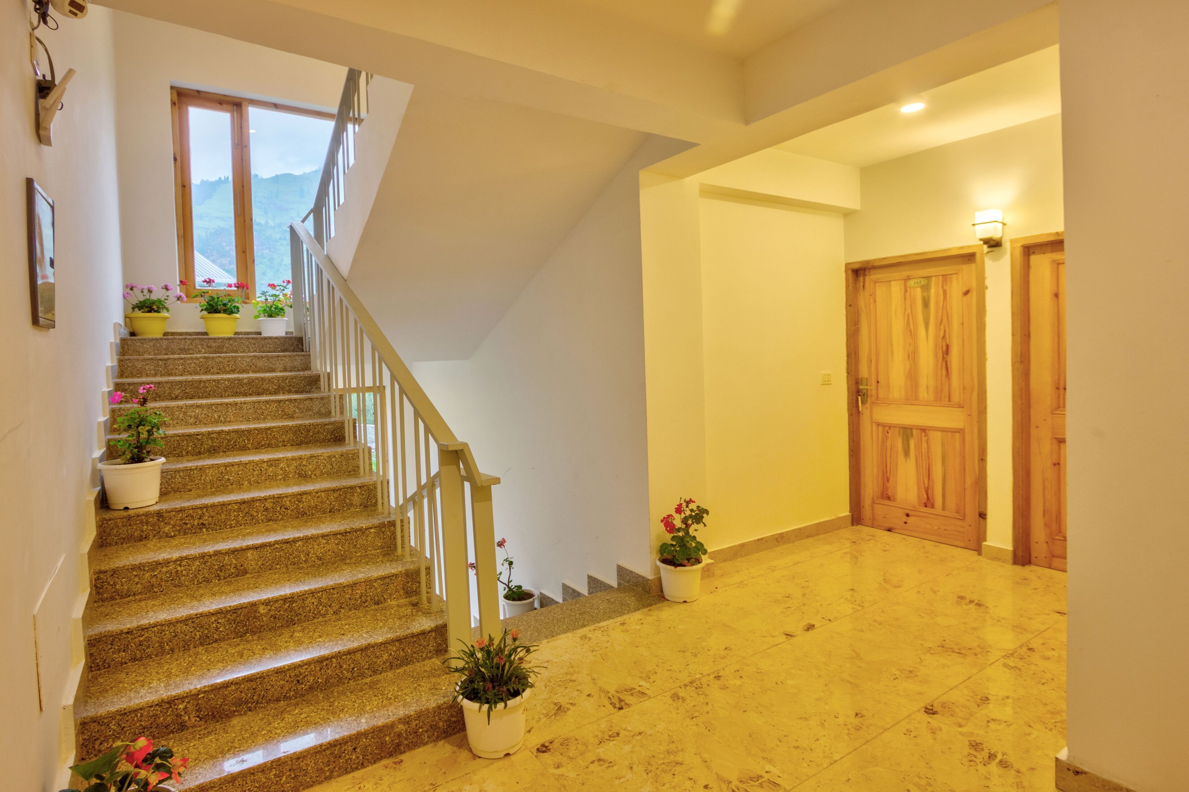 A staircase with potted plants, a wooden door, and a light fixture.