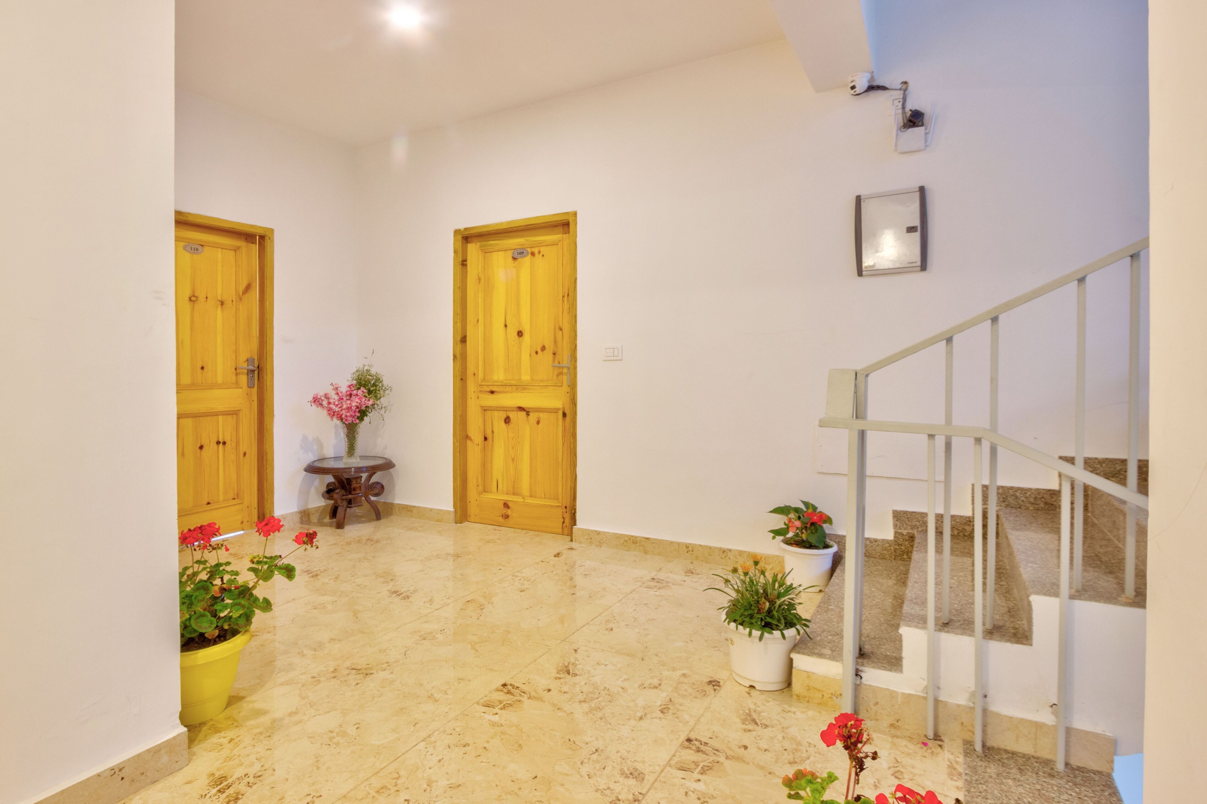 A hallway with two wooden doors, a small table with a vase, and potted plants.