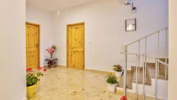 A hallway with two wooden doors, a small table with a vase, and potted plants.