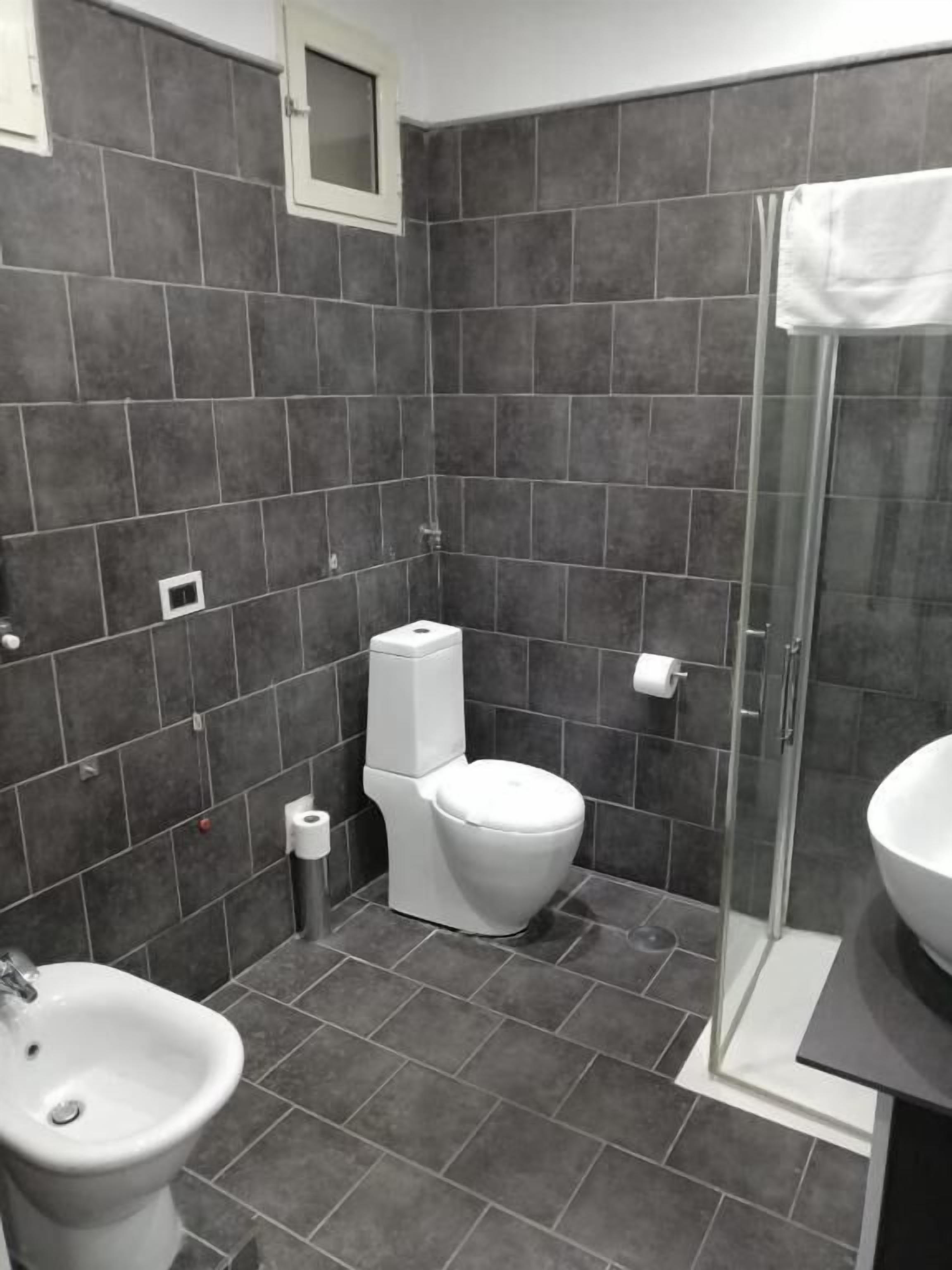 Un baño con azulejos oscuros, un inodoro, un bidé, un lavabo y una cabina de ducha con paredes de vidrio.