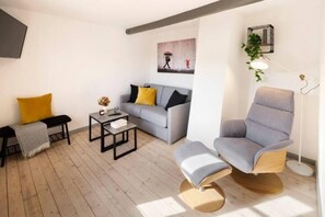 TV connectée, cheminée, livres