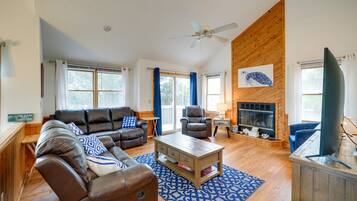 Televisión, chimenea y libros