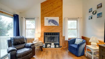 TV, fireplace, books