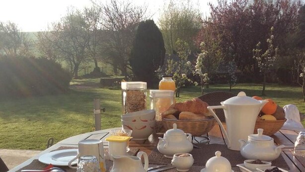 A picnic setup with a table set for breakfast, including plates, cups, a basket of bread, and a pitcher of juice.