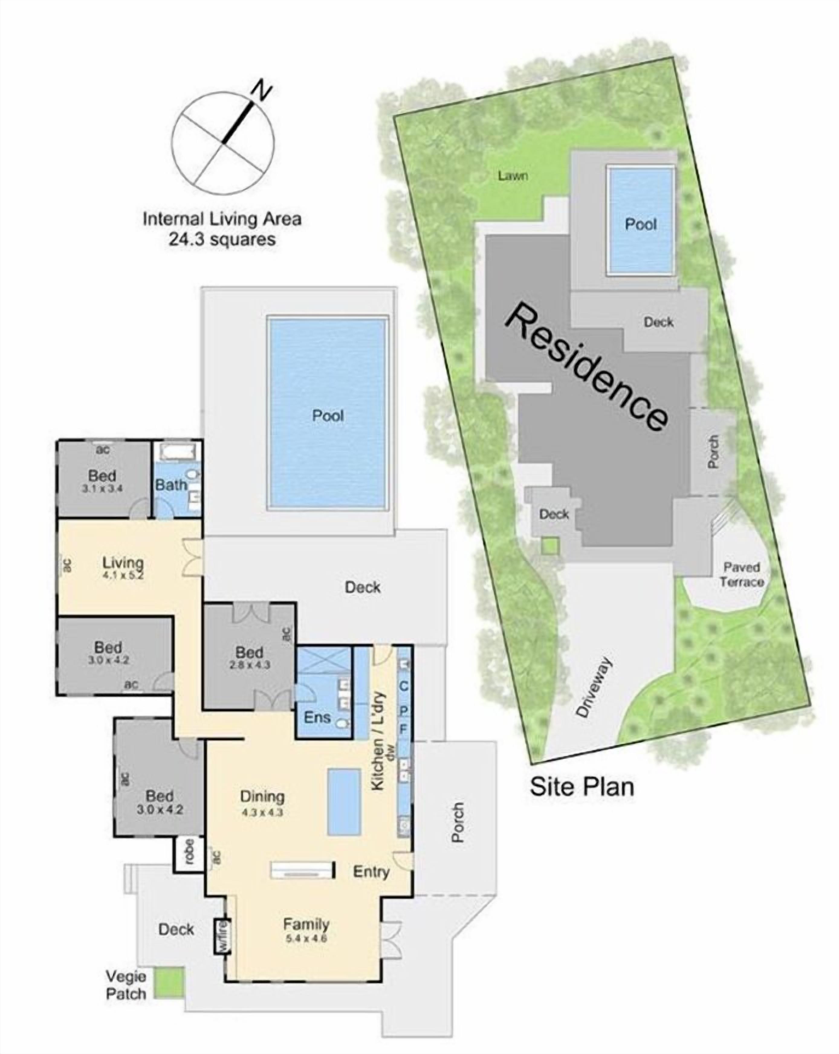 Plano de una residencia con piscina, terraza y zona de estar.