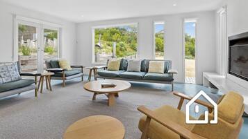 Smart TV, fireplace, DVD player, stereo