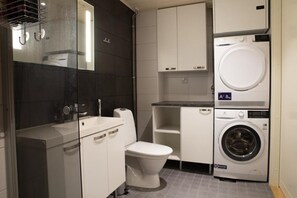 Hair dryer, towels, soap, toilet paper