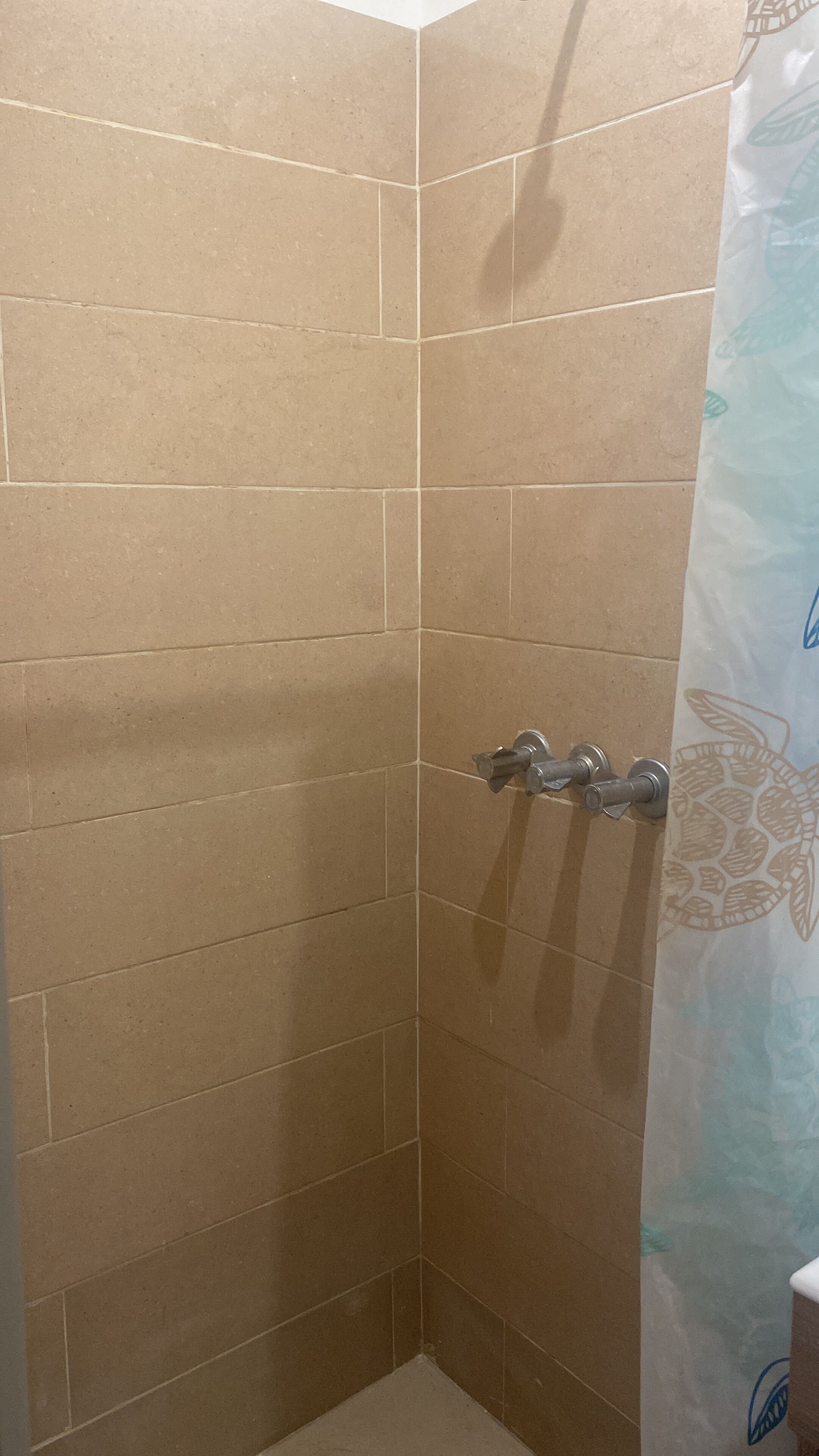Une douche d’angle avec des carreaux de couleur beige et un rideau de douche orné d’un motif de feuilles.