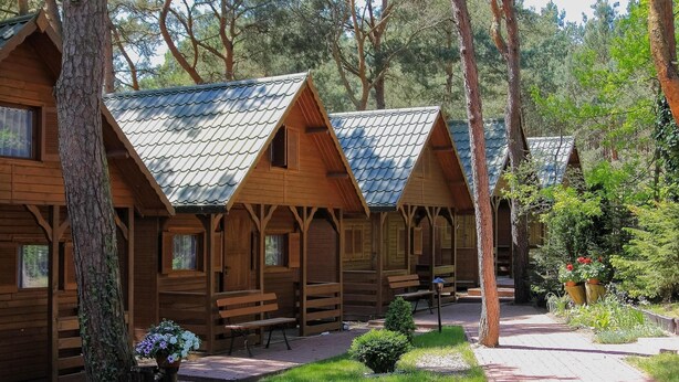 Cabañas de madera con techos a dos aguas, bancos y plantas en macetas, ubicadas en un bosque.