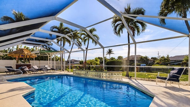A swimming pool with a white frame and blue water, surrounded by lounge chairs and palm trees. - Villa Palm Garden heated Pool (Cape Coral)