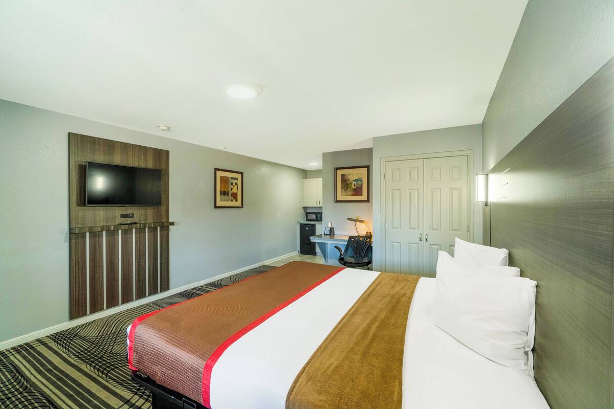 Une chambre d’hôtel avec un grand lit, un bureau, une chaise, un téléviseur fixé au mur et une porte.