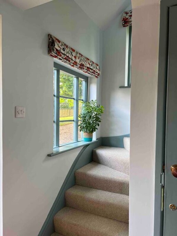 Un escalier avec un pot de fleurs posé sur la plateforme, une fenêtre ornée d’une lambrequin à motifs et une porte sur la droite.