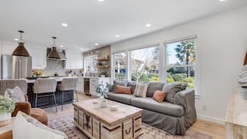 Smart TV, fireplace, books, offices