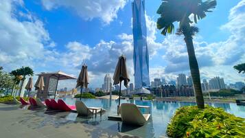 Indoor pool, outdoor pool, open 9:00 AM to 10:00 PM, pool umbrellas