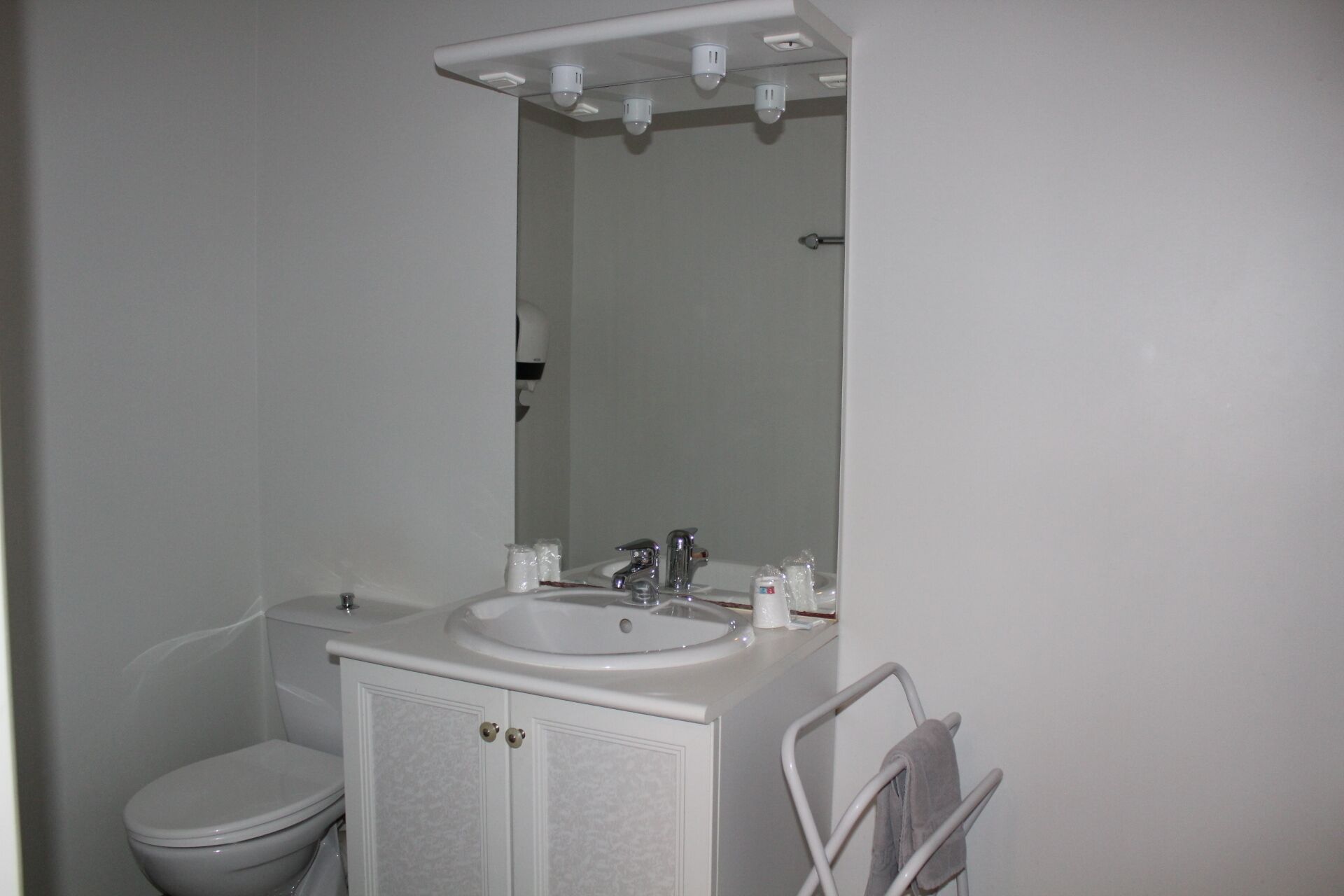 Ein Badezimmer mit Toilette, Waschbecken und Spiegel.