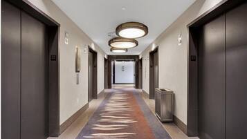 A modern hallway with dark elevators, a patterned carpet, and a trash bin.