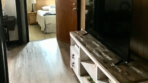 Habitación de hotel con piso de madera, un televisor sobre un mueble de madera, una puerta que da a otra habitación y un cuadro de búhos en la pared.
