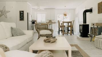 Smart TV, fireplace, books