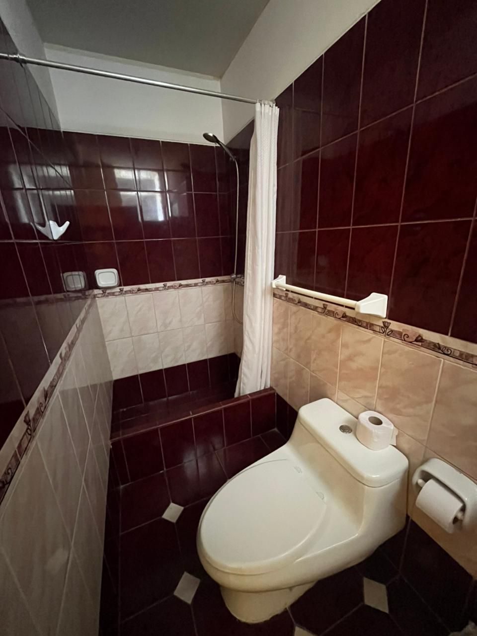 A bathroom with a toilet, a shower area, and a towel rack.