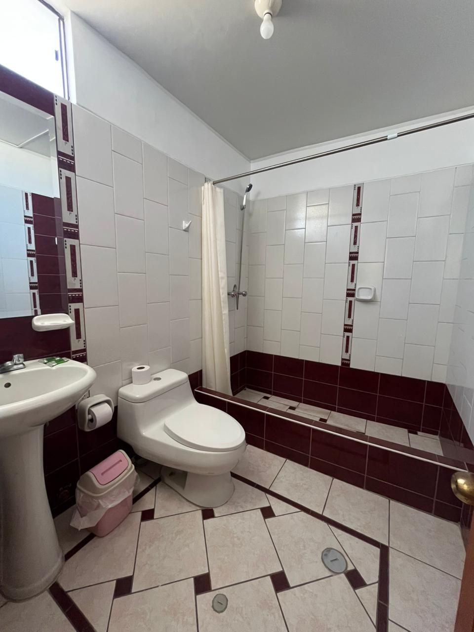 Un baño con inodoro, lavamanos, ducha y espejo.