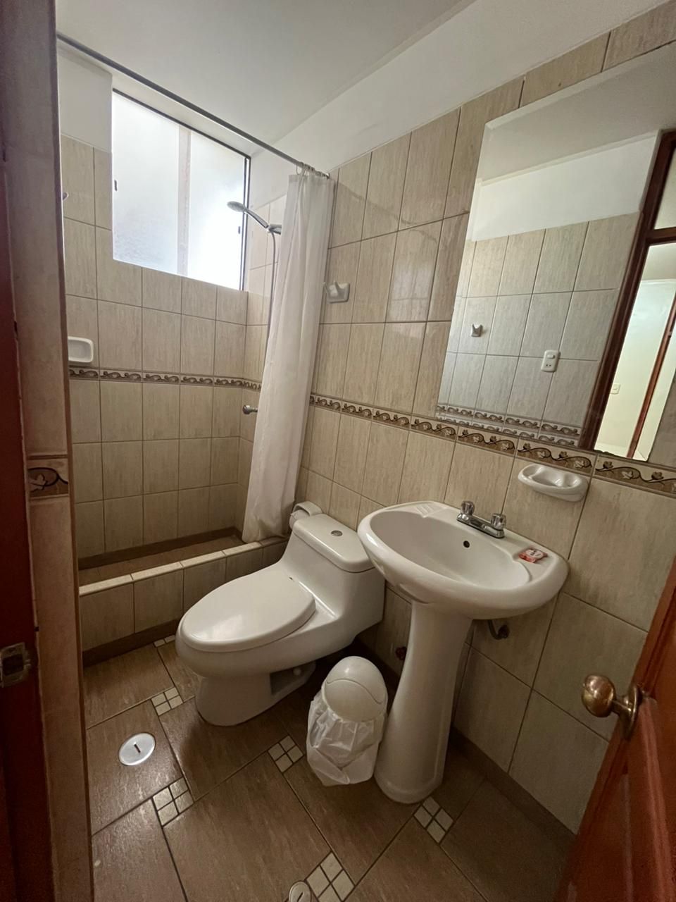 A bathroom with a toilet, sink, and shower.
