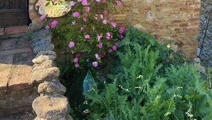 Un bâtiment rustique en pierre, doté d’une porte en bois et d’une structure en métal servant de support à des rosiers grimpants.