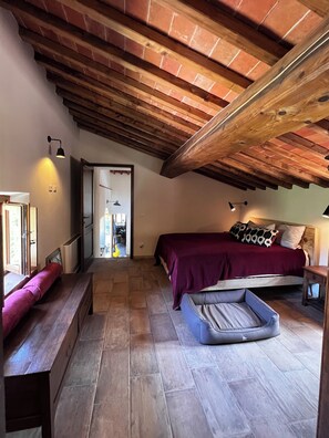 3 habitaciones, escritorio y tabla de planchar con plancha
