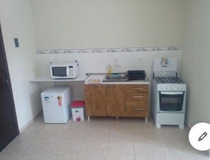 Basic Studio | Private kitchen | Full-size fridge, microwave, cookware/dishes/utensils