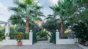A paved entrance with a green gate, surrounded by palm trees and a potted plant with red flowers. - Villa Stefania (Chania)