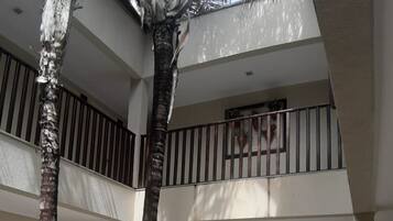 Un edificio de varios niveles con un patio central, que cuenta con palmeras y una estatua.