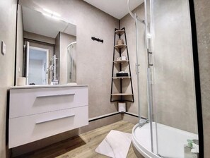 Shower, hair dryer, soap, shampoo