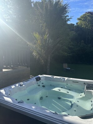 A hot tub in a backyard with a wooden deck and a palm tree. - TranquilRetreat ModernComforts Near Centre, Parks+Beaches. Spa+Sauna+TennisCourt (New Plymouth)