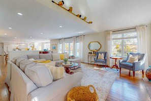 TV, fireplace, foosball, books - Sprawling dog-friendly lake estate with pool, patio, fire pit, games, & views (Barnstable)