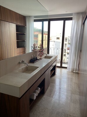 A modern bathroom with a large sink, wooden cabinetry, and a view of the outside through a glass door.