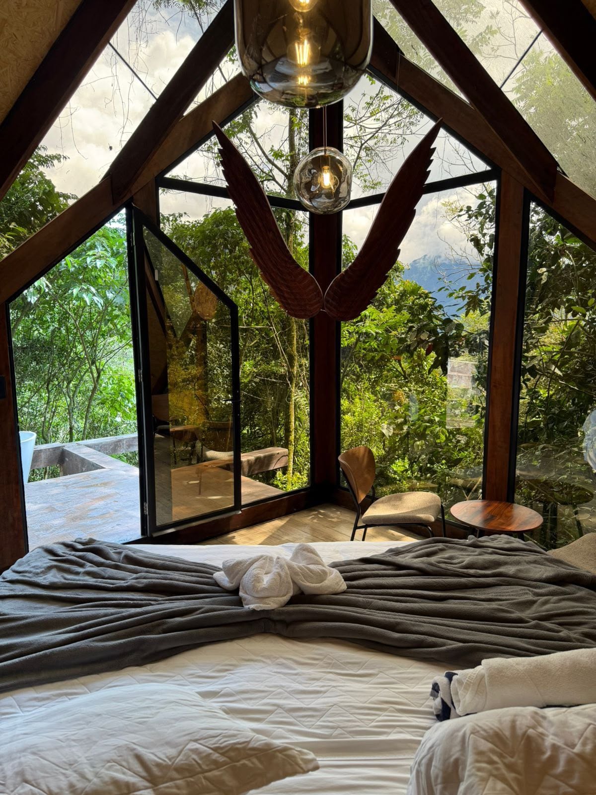 A bedroom with a large bed, a view of the outdoors, and a hanging light fixture.