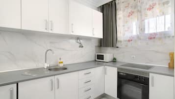 Fridge, microwave, stovetop, coffee/tea maker