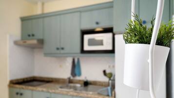 KĂŒhlschrank, Mikrowelle, Herdplatte, Wasserkocher mit Kaffee-/Teezubehör