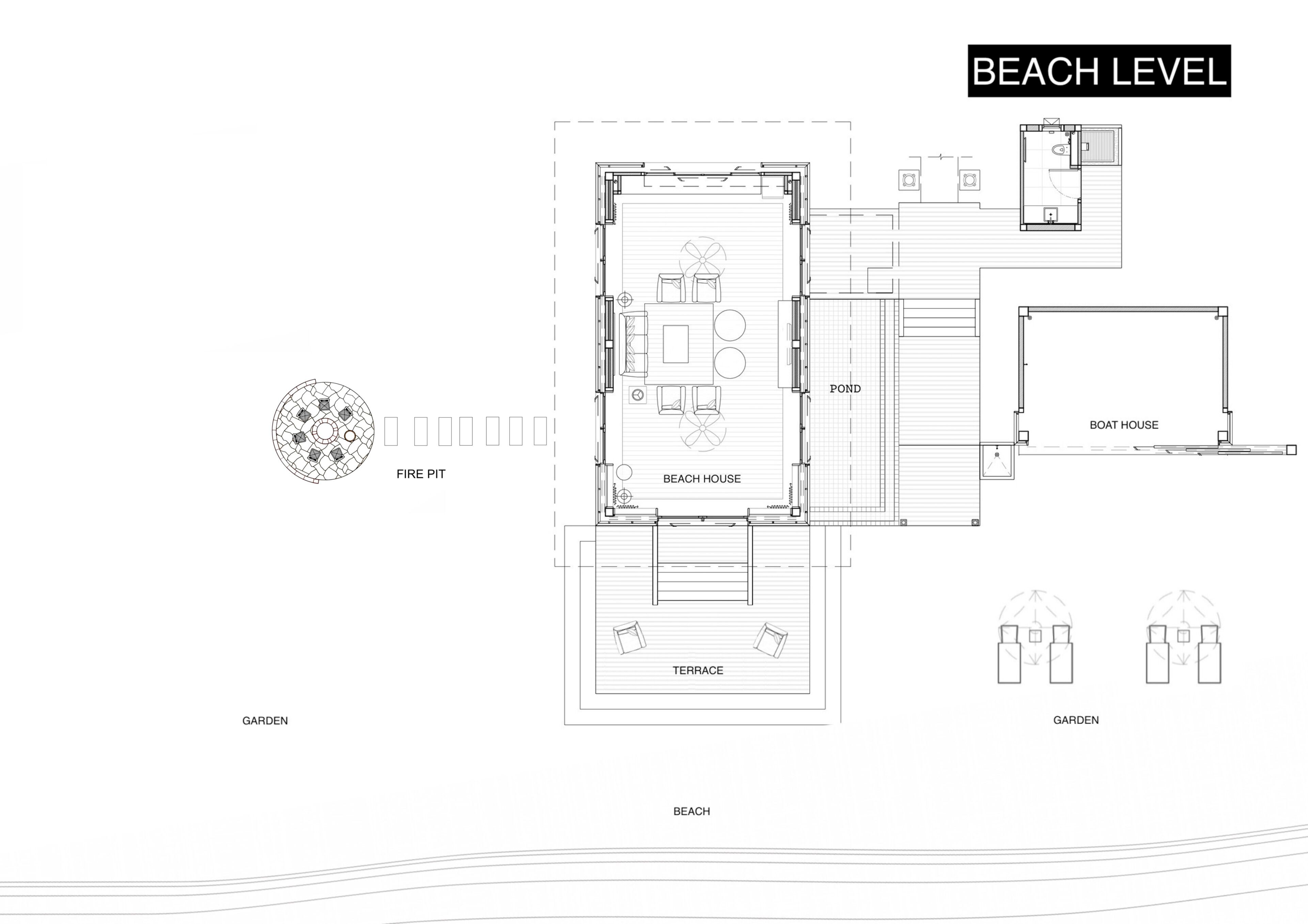 A floor plan of a beach-level hotel with a fire pit, garden, terrace, beach house, pond, and garden views.