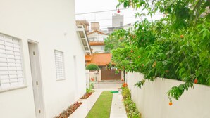 Un estrecho sendero bordeado por muros blancos y un césped verde, que conduce a la entrada de un edificio.