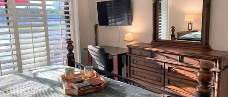 1 bedroom, desk, iron/ironing board, travel cot