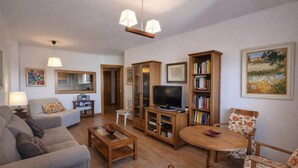 Un salon confortable avec un canapé, une table basse, un téléviseur et une bibliothèque.