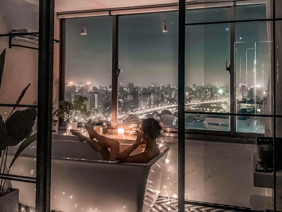 Quarto casal premier, 1 cama King, banheira, vista para a cidade | Terraço/pátio