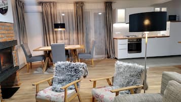 TV, fireplace, DVD player, books