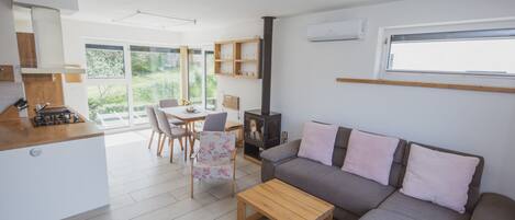 TV, fireplace, DVD player, books