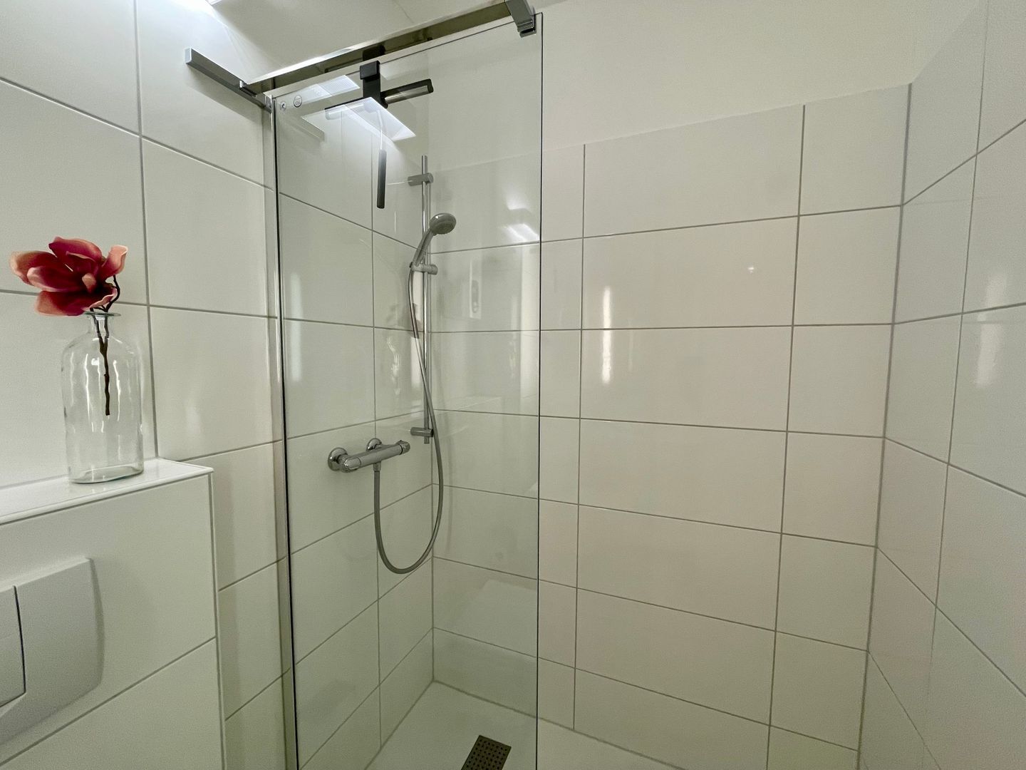 Eine Dusche mit Glastür, ein Handtrockner und eine kleine Vase mit einer roten Blume auf einem Regal.
