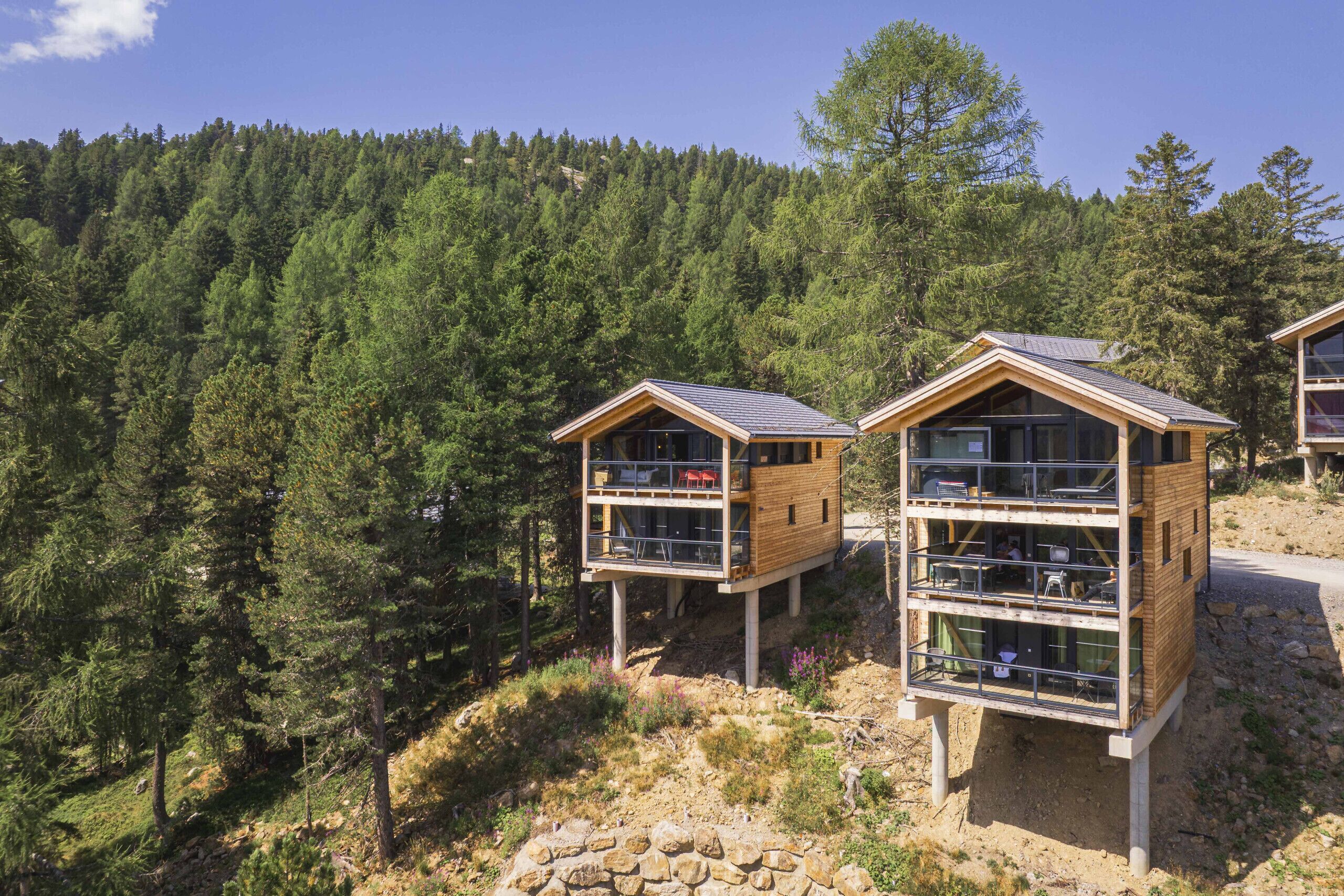Deux cabanes en bois dotées de balcons, situées dans une zone boisée sous un ciel dégagé.