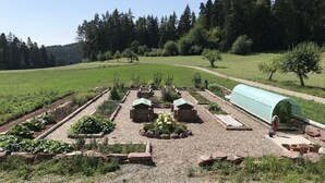 A garden with raised beds, a greenhouse, and a gravel path. - Holiday Home 'Blockhaus Almhütte Wiesenglück' with Private Terrace, Private Garden and Wi-Fi (Glatten)