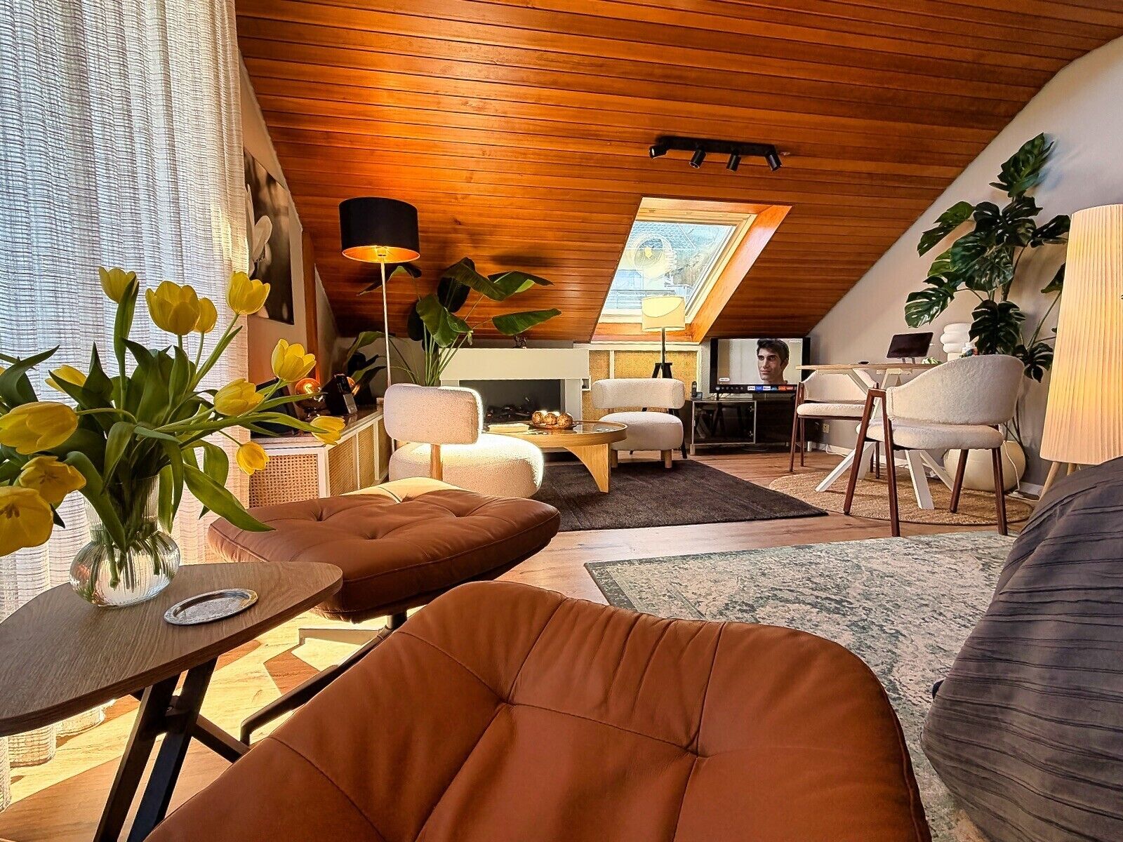 TV, lareira, aparelho de som