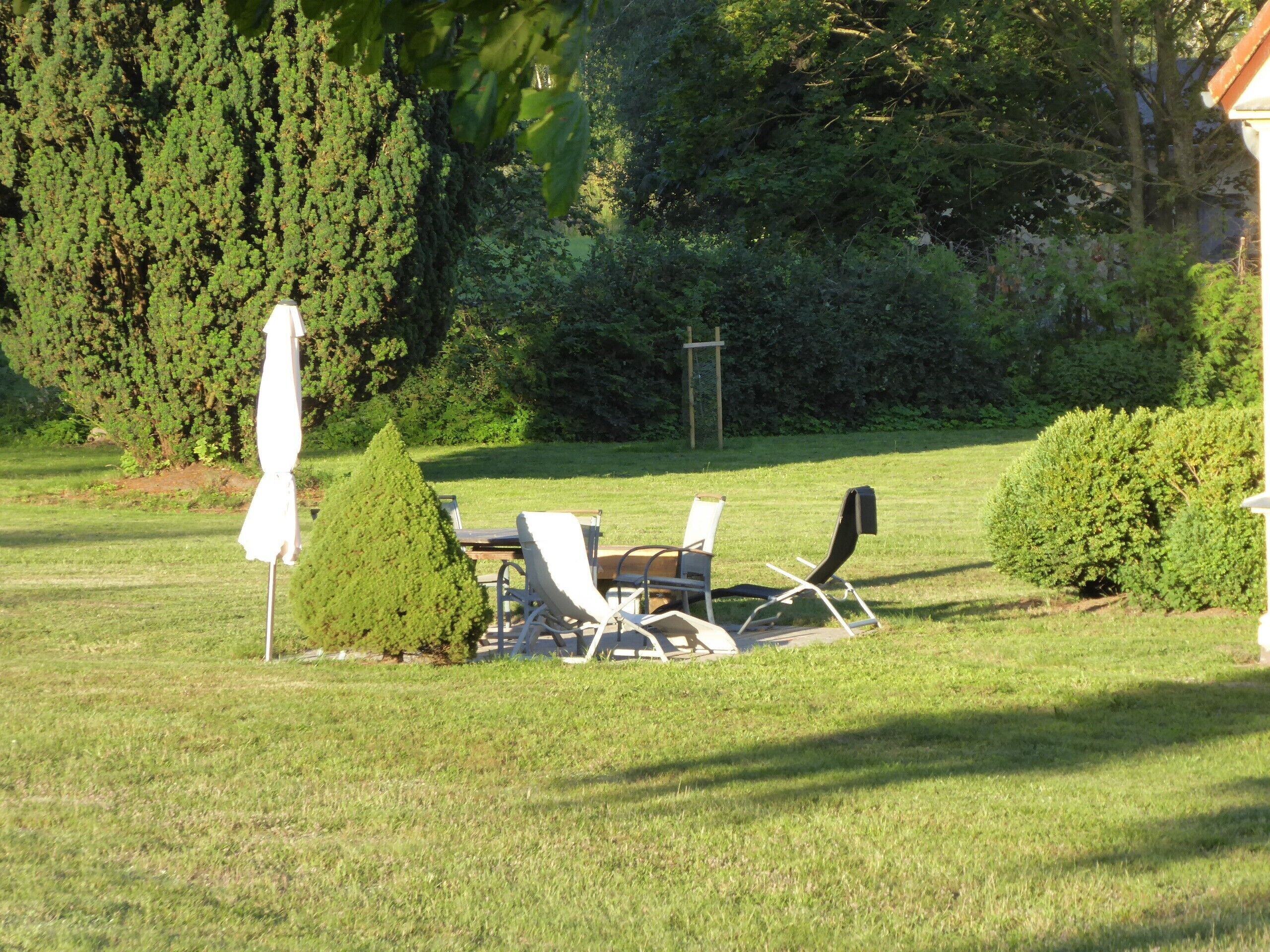 An outdoor seating area with a table and chairs, surrounded by greenery and trees.